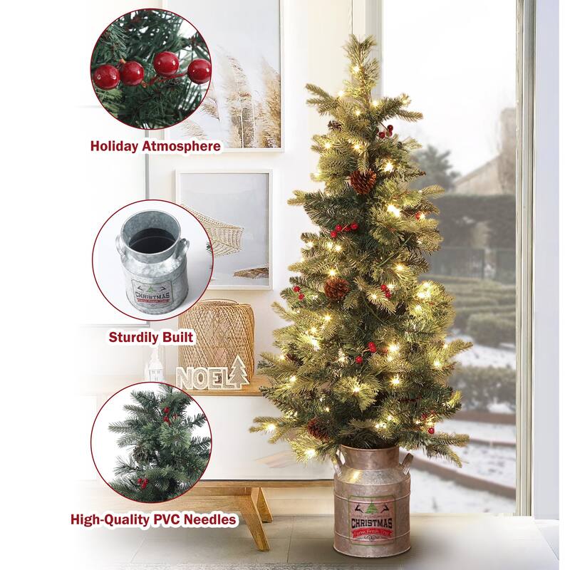 Artificial 4ft Christmas Tree with Metal Pot and Pre-lit LED Lights with Pine Cones and Berry Decorations - 48" H x 22" Diameter