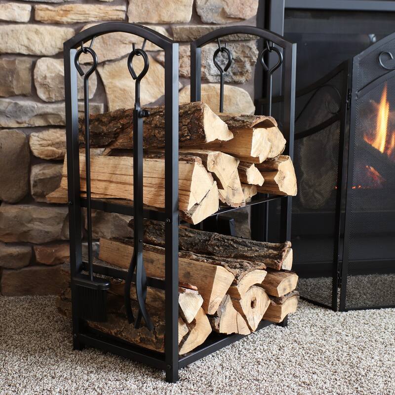 Steel Fireplace Log Holder and 5-Piece Tool Set