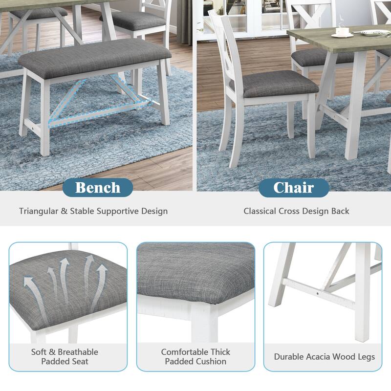 6Piece Rustic Triangular Support Dining Table Set Wood Upholstered