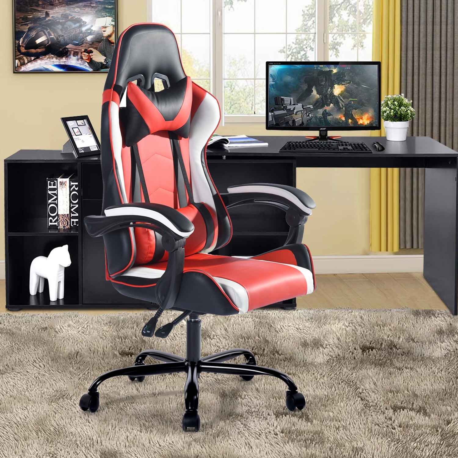 Lucklife Blue Gaming Chair Ergonomic Triple Back Support Breathable Leather Reclining Rocking Computer Chair