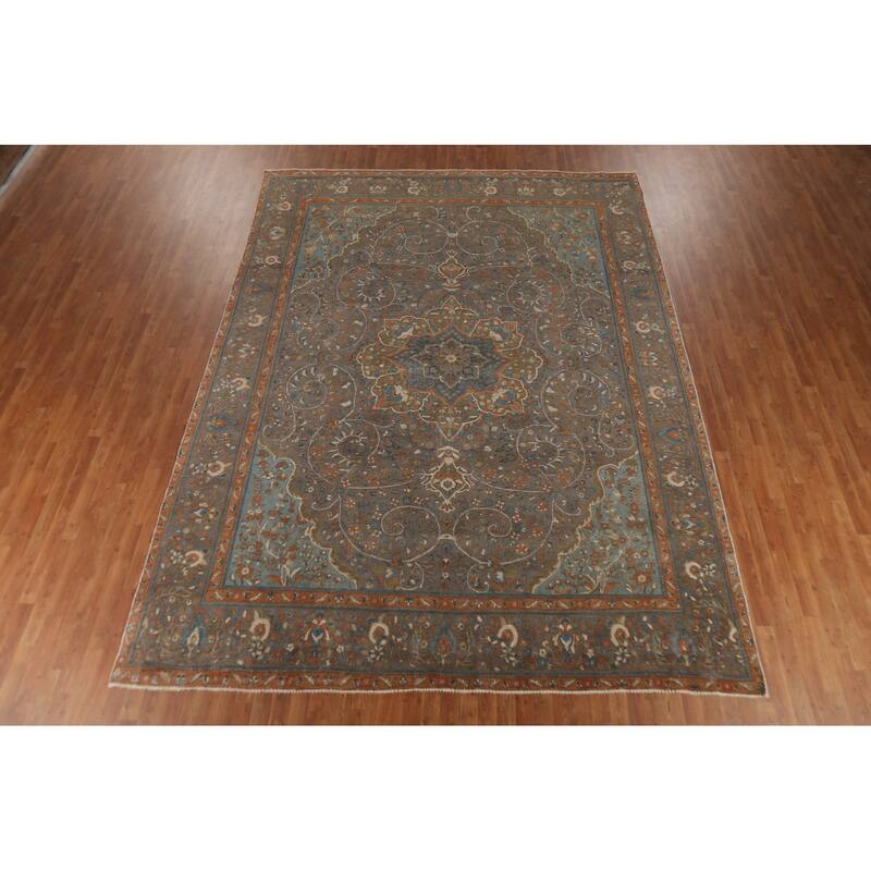 Gray Tabriz Persian Vintage Area Rug Handmade Wool Carpet - 9'10"x 13'1"