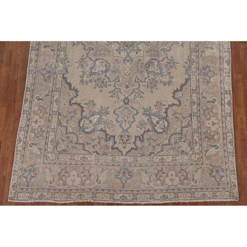 Vintage Distressed Tabriz Persian Rug Beige Handmade Wool Carpet - 6'11" x 10'4"