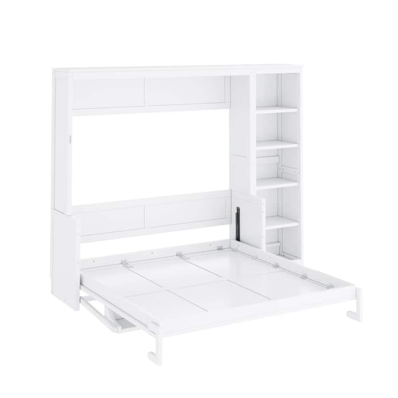 Space-Saving Queen Murphy Bed with Built-In Desk and Bookshelf in White