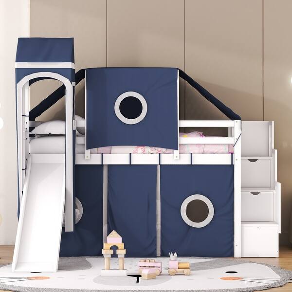 slide 2 of 34, Twin Loft Bed with Tent & Tower, Castle Design, Blue, Fun & Spacious Blue