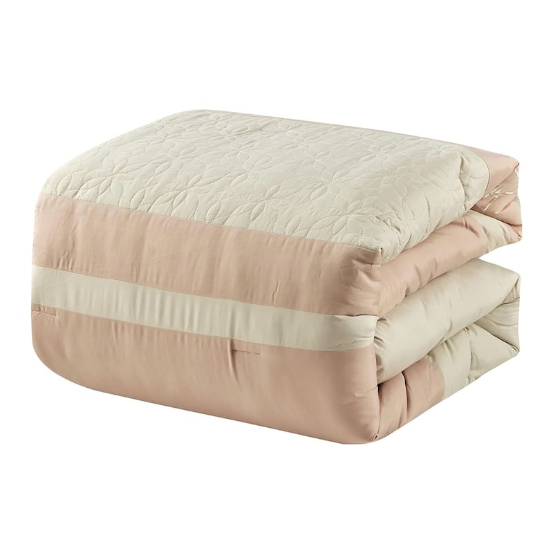 7 Piece Pink Beige Floral Soft Bedding Comforter Set