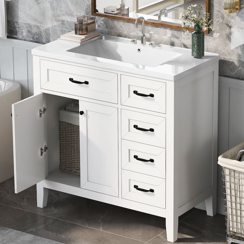 36" Bathroom Vanity w/ Sink, Lager Cabinet, 3 Drawers & Metal Handles