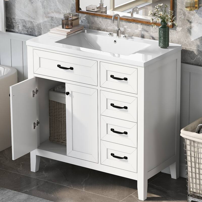36-Inch White Bathroom Vanity Set – Solid Frame & MDF Construction with Sink Combo‌