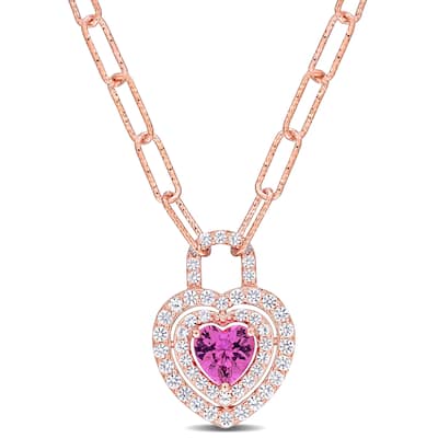 Miadora 1 3/4ct TGW Created Pink Sapphire & Created White Sapphire Heart Lock Necklace in Rose Silver