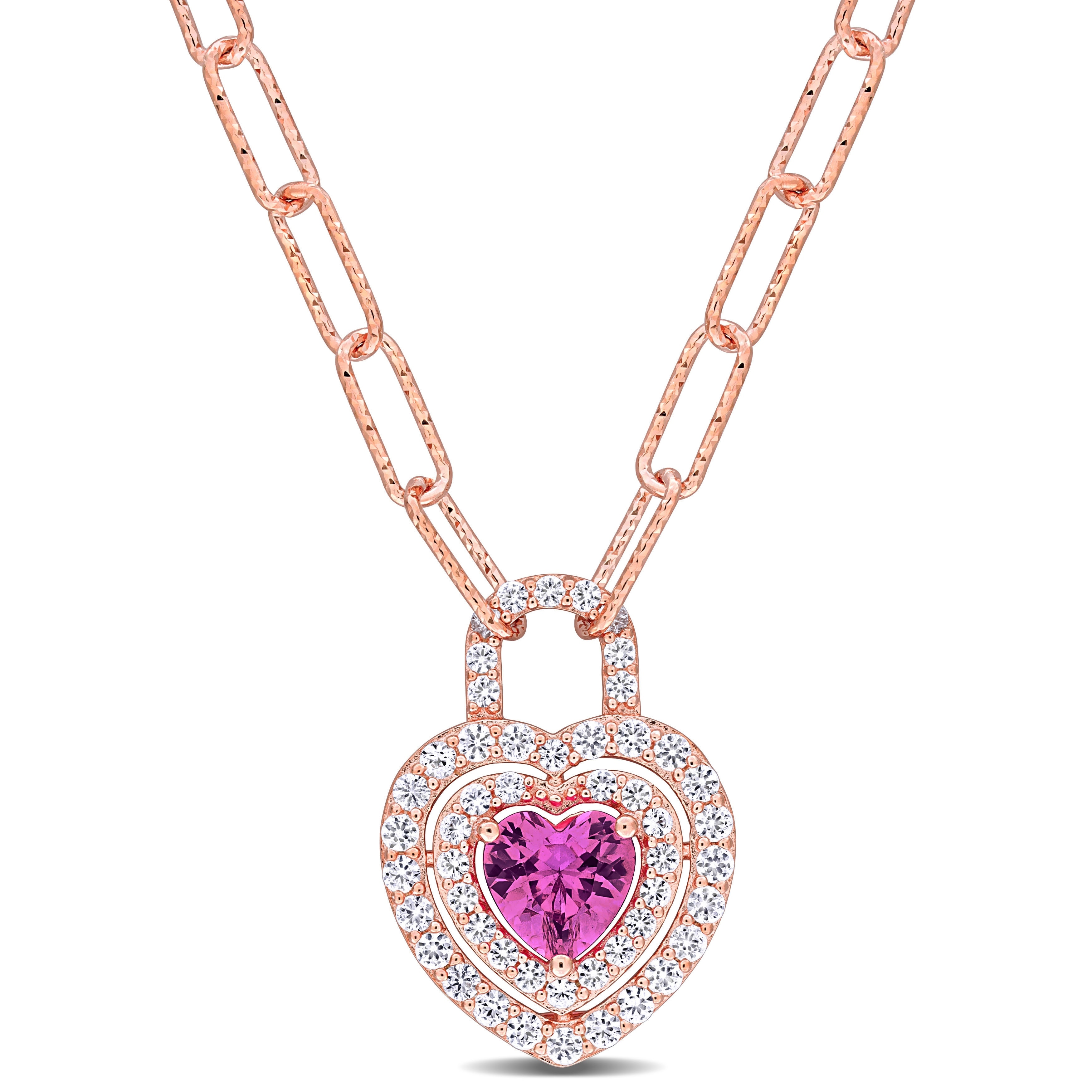 Miadora 1 3/4ct TGW Created Pink Sapphire & Created White Sapphire Heart Lock Necklace in Rose Silver