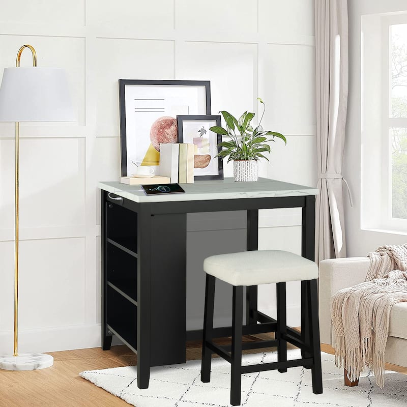 Black Bar Table and Chairs Tall Kitchen Breakfast Nook with Stools, Storage Shelves
