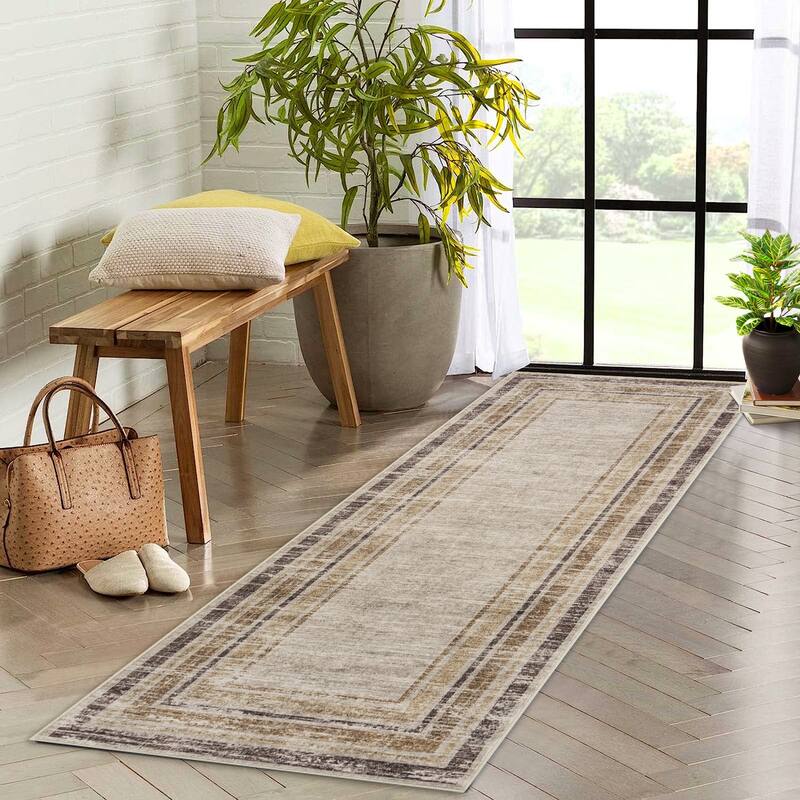 Washable Area Rugs for Living Room, Soft Modern Bordered Rug Non Slip Low Profile Carpets for Bedroom Dining Room
