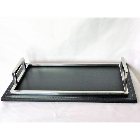 Silver and Black Faux Leather Rectangular Tray with side chrome handles and threaded trim, 18 x 11 in - N/A