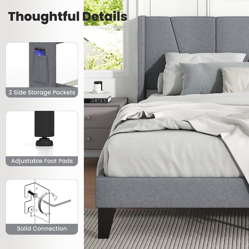 Bed Frame with Wingback Headboard and Wood Slat Support