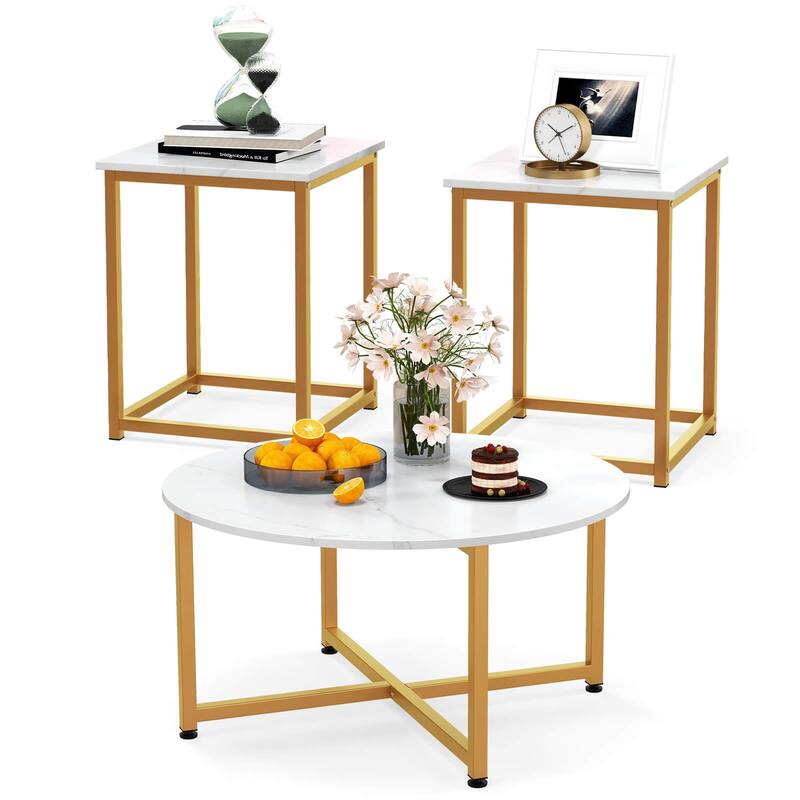 Costway 3 PCS Coffee Table Set Round Coffee Table and 2PCS Square End - See Details
