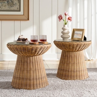HULALA HOME Coastal Faux Rattan End Table Set of 2