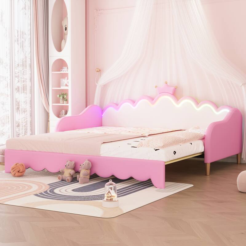 LED Crown Headboard Princess Daybed with Remote Control, Twin to Full Extending Sofabed Frame, Wood Platform Bed
