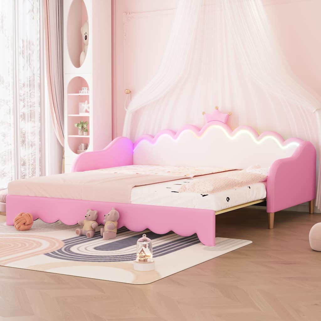 Pink Twin Princess Upholstered Daybed with LED & Crown Headboard