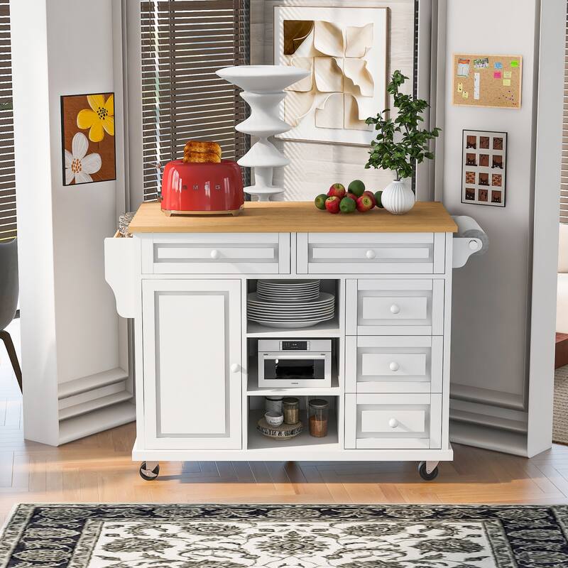 Kitchen Island with on Locking Wheels, Rolling Cart with Rubber Wood Desktop, Mobile Island with 3 Open Shelves & 5 Drawers - White