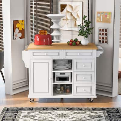 Rolling Kitchen Island Kitchen Cart with Rubberwood Tabletop Storage Space and 5 Drawers, for kitchen, White
