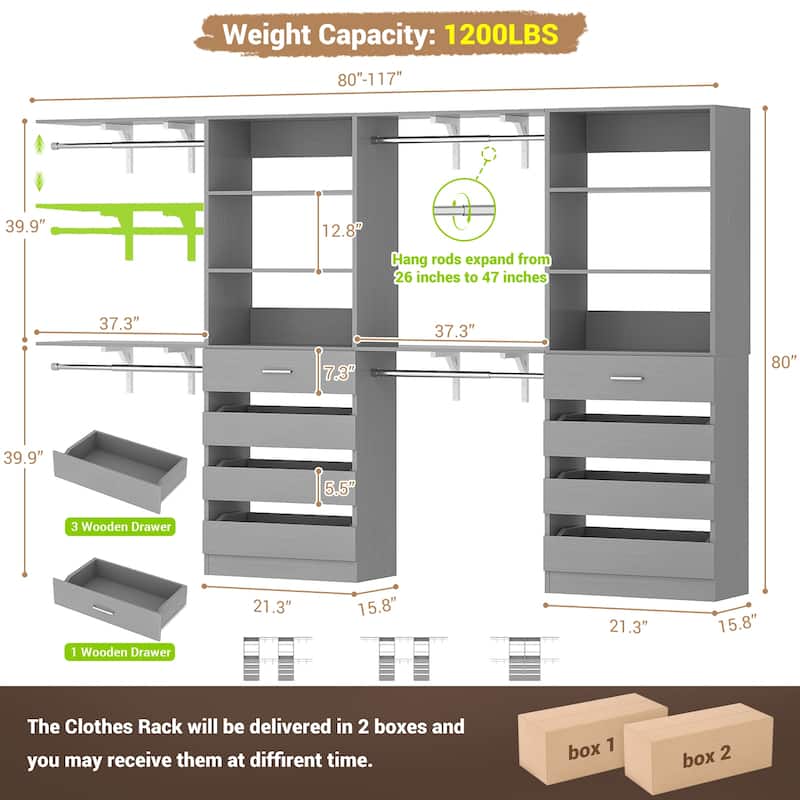 Set of 2 Closet System with Wooden Drawers and Hanging Rods, Closet Organizer with Adjustable Storage Shelves