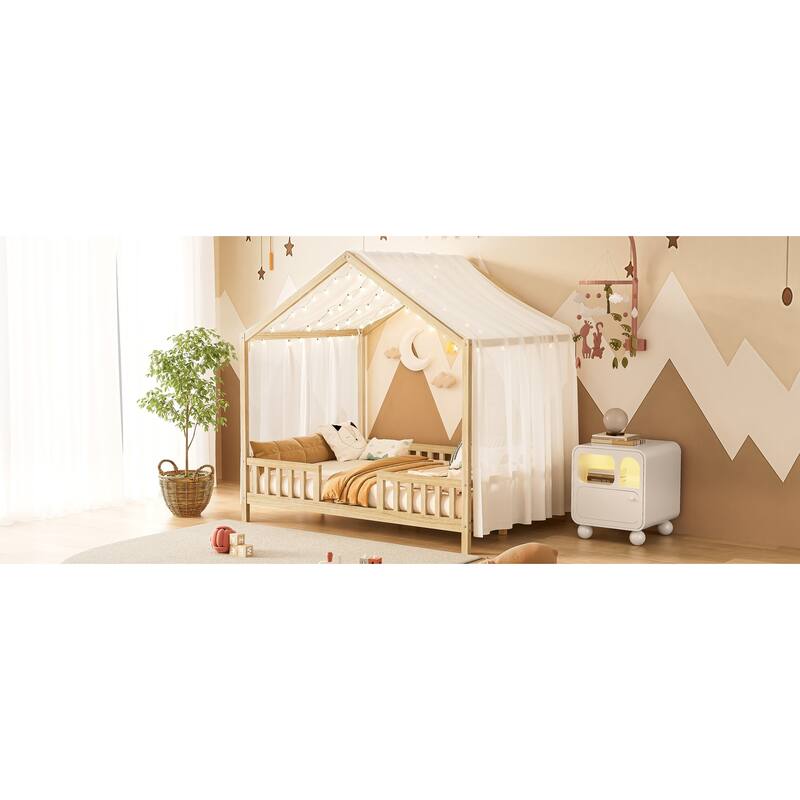 House-Shaped Full Size Montessori Bed with Canopy & Safety Railings for Kids & Toddlers