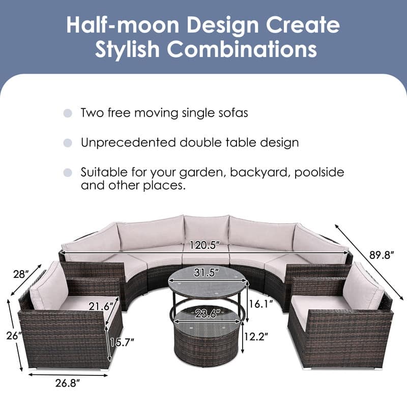 9-Piece Outdoor Half-Moon Patio Sofa Set, Wicker Sectional Sofa with Nesting Coffee Table, Rattan Conversation Set