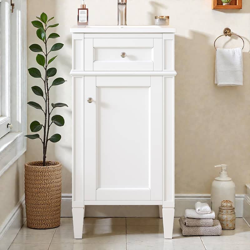 16 Inch Bathroom Vanity with Ceramic Sink, Freestanding Single Vanity, Soft Close Door, French Style Solid Wood Legs - White