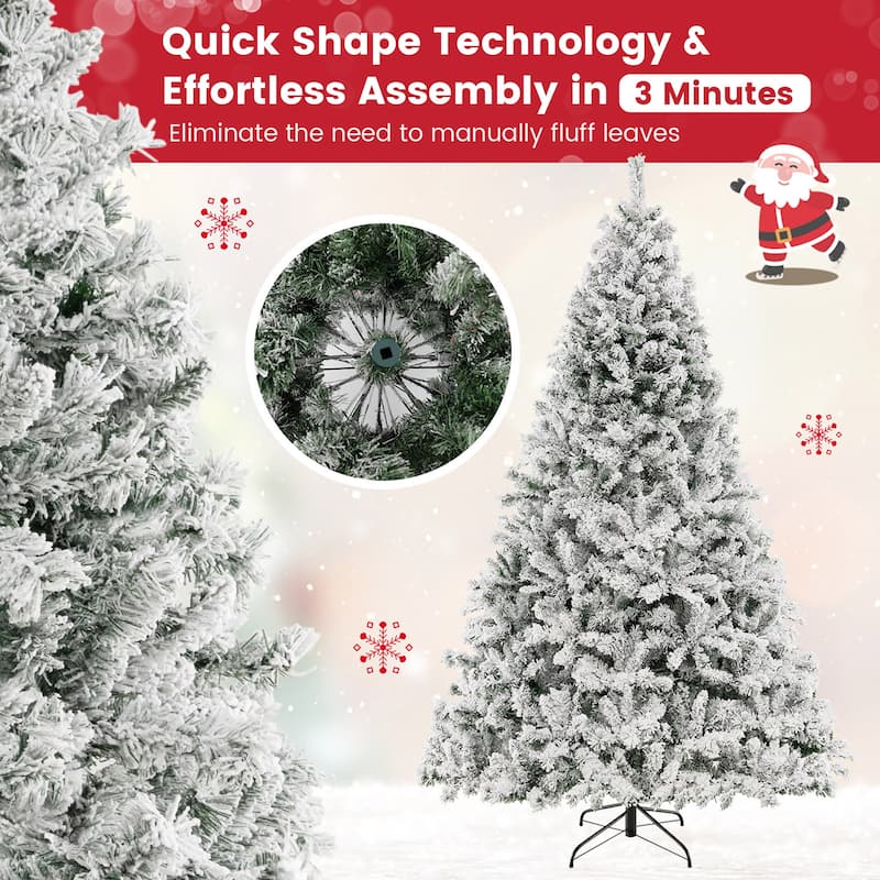 Gymax 6/7/8 FT Pre-Lit Snow-Flocked Xmas Tree 3-Minute-Setup