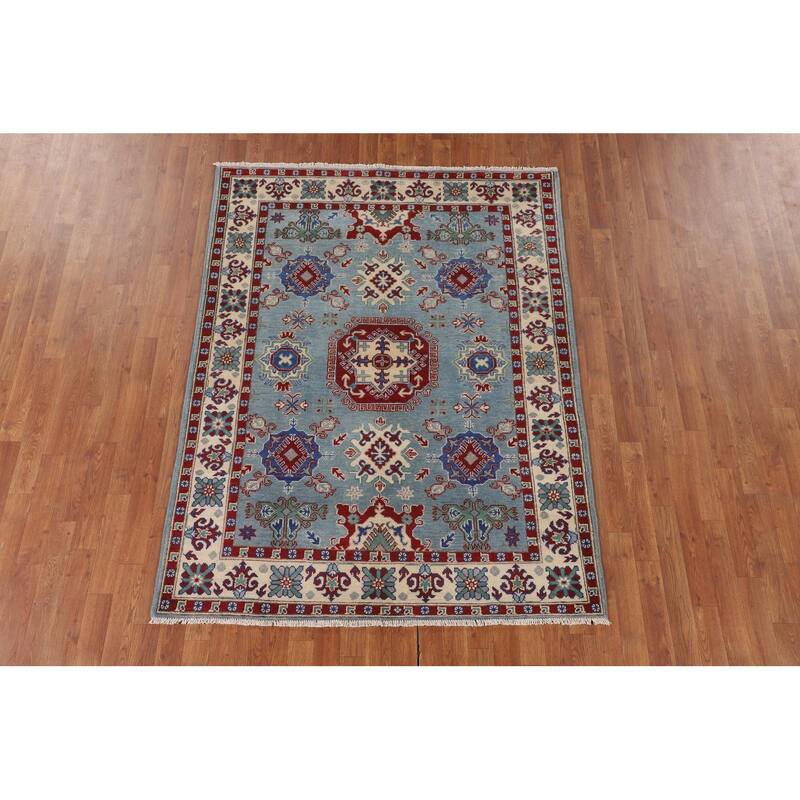 Light Blue Geometric Kazak Rug Handmade Wool Carpet - 4'11" x 6'6"