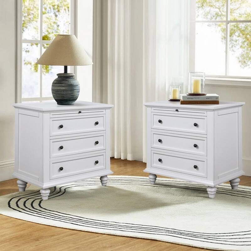 Modern 3-Drawer Nightstand (Set of 2) with Pull Out Tray for Organized Living Spaces