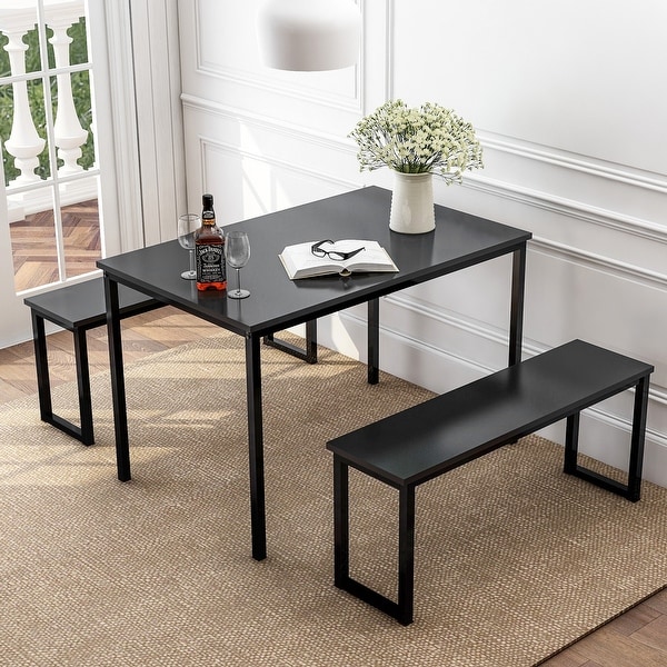 Black 3-Piece Dining Table Set with Two Benches - On Sale - Overstock