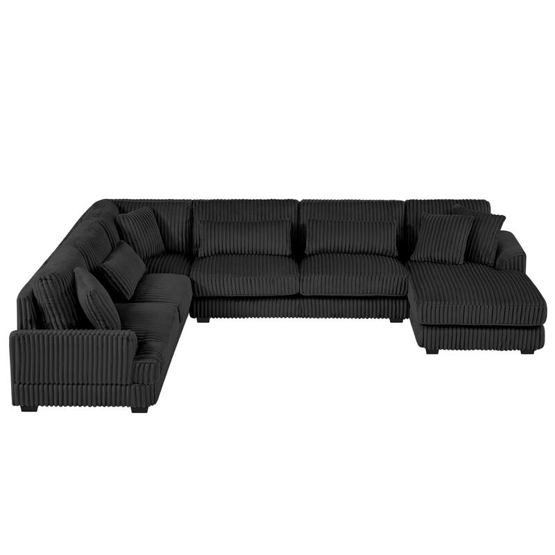 U-Shaped Sectional Sofa with Chaise Lounge, Oversized Corduroy Upholstered Sofa, 5 Seater Sofa with Removable Throw Pillows