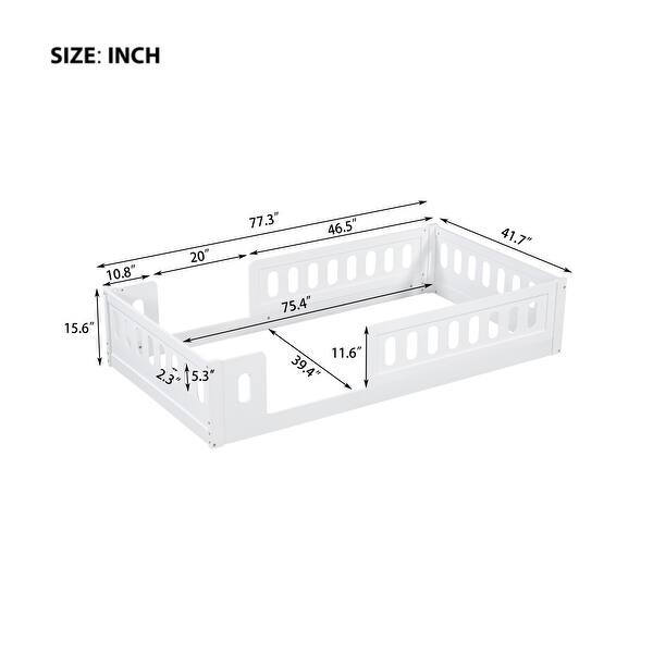 dimension image slide 1 of 2, Wood Twin Size Floor Bed Toddler Bed Cribs with Surrounded Fences and Small Opening, Curved Design Protects Baby Kids Safe