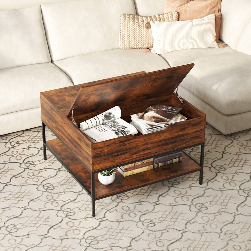 Anmytek Dark Walnut Black Metal Lift Top Coffee Table with Storage 31.5 Hidden Compartment