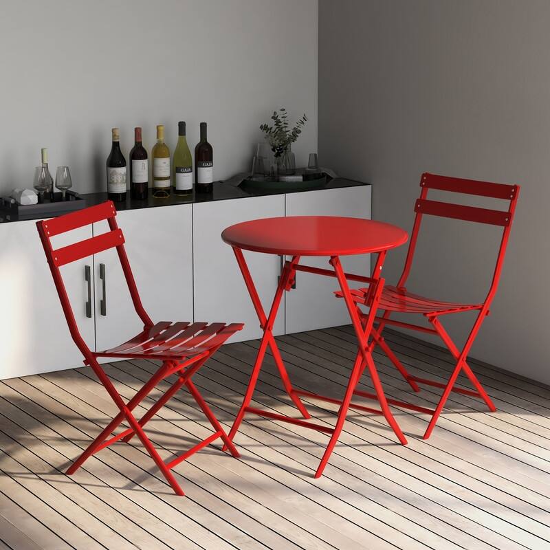 3 Piece Patio Bistro Set of Foldable Round Table and Chairs - Red