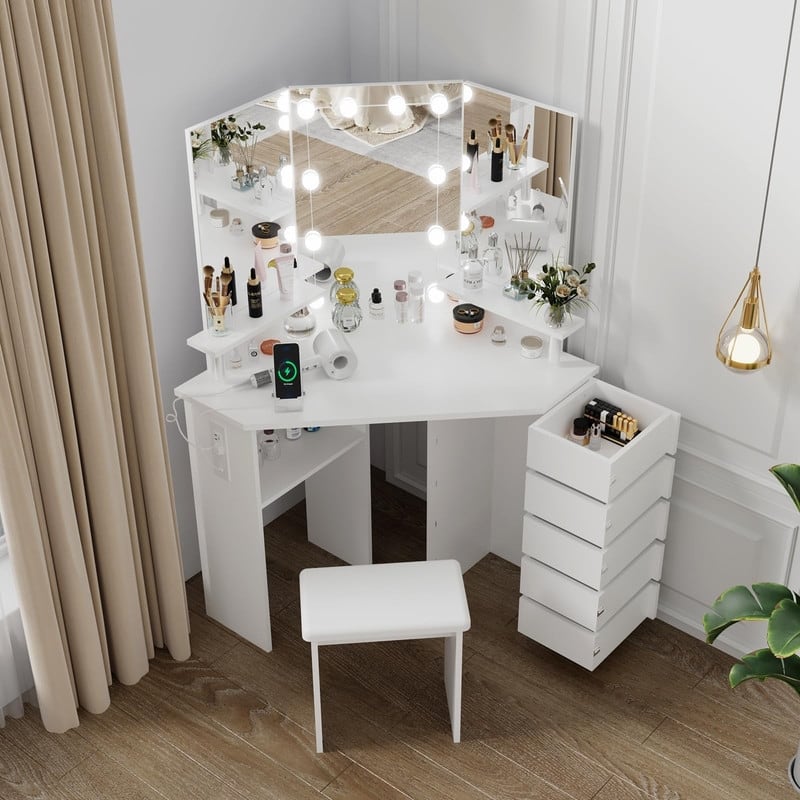 Makeup Vanity with Lights, Power Outlets, Tri-Fold Mirror, 5 Rotating Drawers, Stool