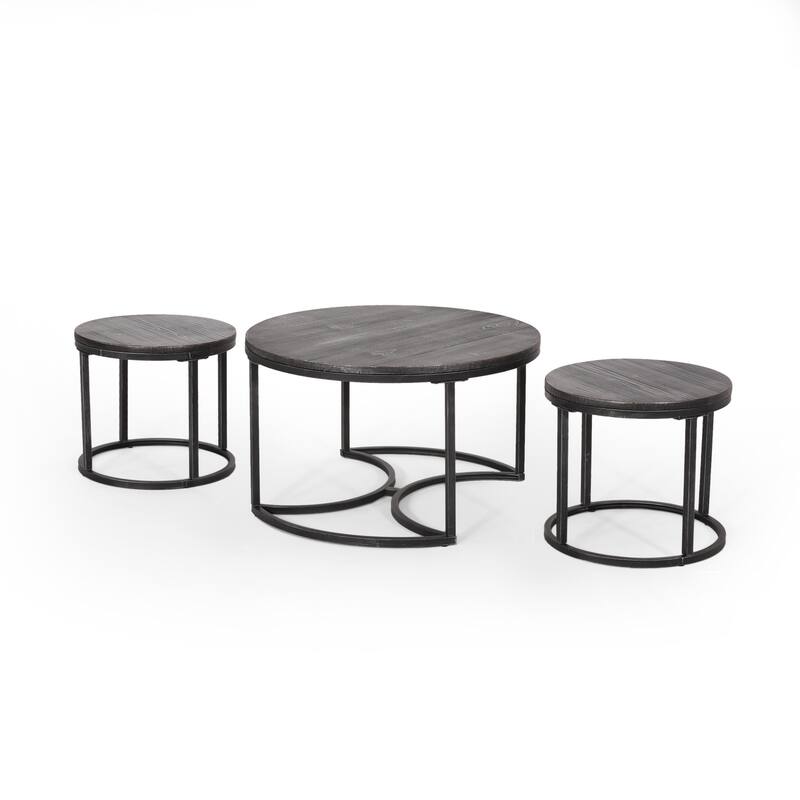 Roomfitters Modern Nesting Coffee Table Set, Rustic Wood Round Tops with Sturdy Metal Base, Space-Saving Design, Set of Three