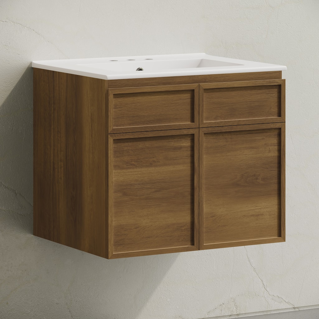 St. Tropez 24" Wall-Mounted Bathroom Vanity In Brown Oak With 3-Hole Centerset Sink Top - 24