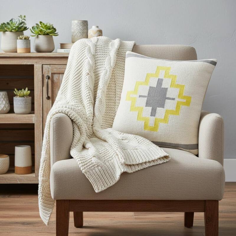 20" X 20" Gray White And Yellow 100% Cotton Geometric Zippered Pillow - 20.00 in. x 20.00 in. x 4.00 in. - Polyester - 20.00 in. x 20.00 in. x 4.00 in. - Single - Pillow Sets - Gray