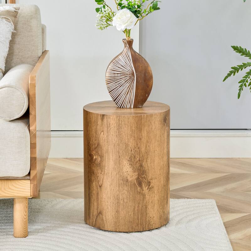 Simple wood grain cylindrical coffee table, 11.8-inch diameter x 15.7 inch height, MDF material living room furniture