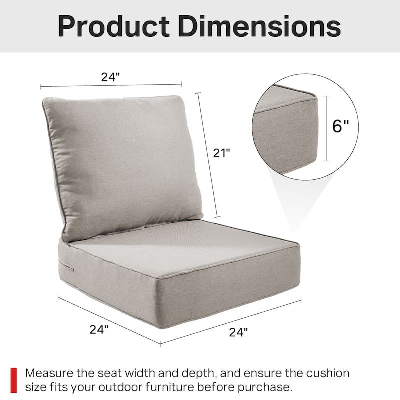 24" W x 24" D x 6" T Water & Fade Resistant Outdoor Lounge Chair Replacement Cushion Set
