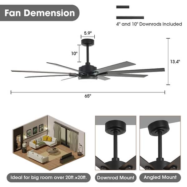 dimension image slide 0 of 2, 65" Integrated LED White Dimmable Ceiling Fan with Light and Remote - 65" D x 65" W x 13.4" H