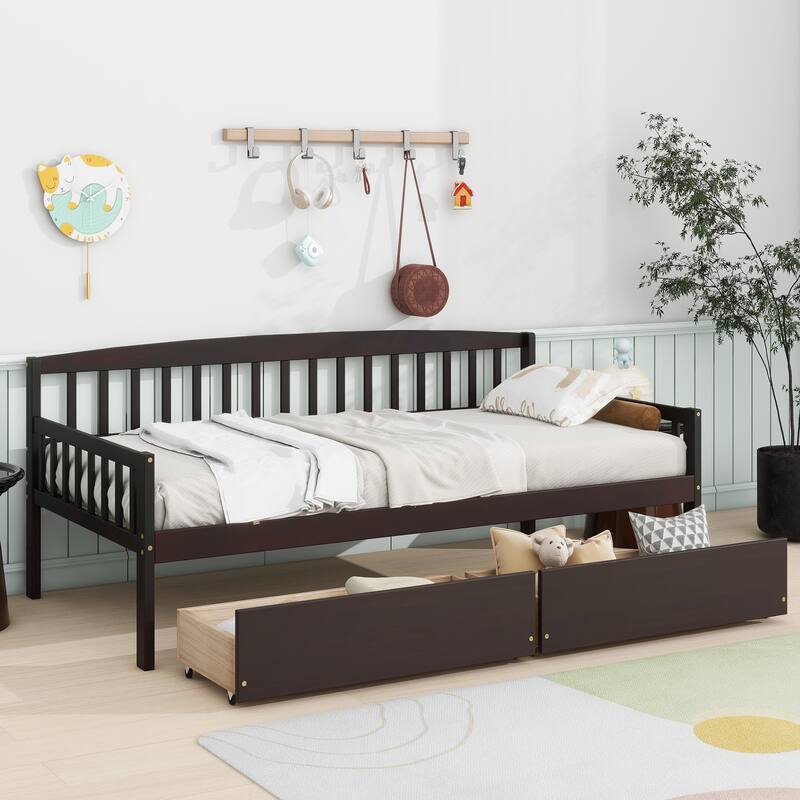 Espresso Modern Twin Size Pine Wooden Daybed with Storage Drawers