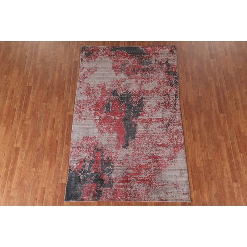 Pink Abstract Area Rug Handmade Contemporary Wool Carpet - 5'1"x 8'3"