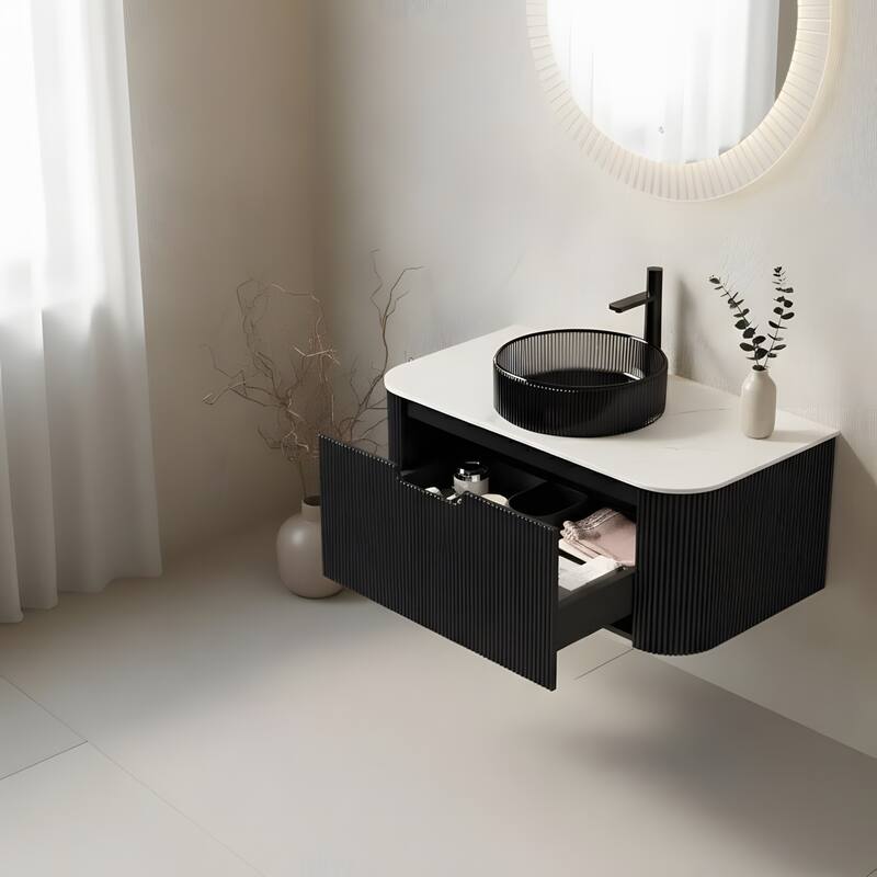 Wall Mounted Bathroom Vanity with Transparent Black Round Glass Basin