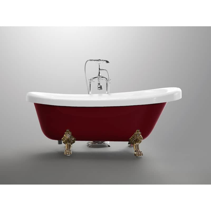 Vanity Art 66.9 Inch Freestanding Red Acrylic Bathtub Modern Stand Alone Soaking Tub with Antique Gold & Pop-up Drain