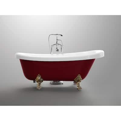 Vanity Art 66.9 Inch Freestanding Red Acrylic Bathtub Modern Stand Alone Soaking Tub with Antique Gold & Pop-up Drain