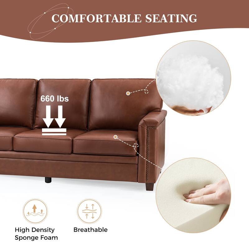 Rita Transitional Living Room 3-Seat Genuine Leather Nailhead Sofa with Solid Wood Legs and Removable Cushions