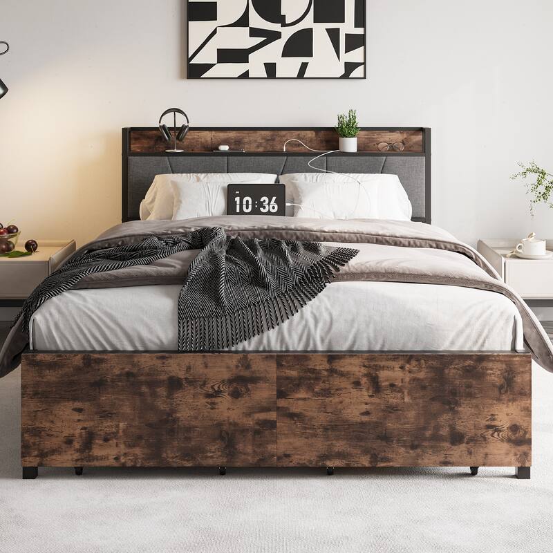 Modern Full/Queen Bed Frame with USB Ports, Outlets, and Storage Drawers, No Box Spring Needed