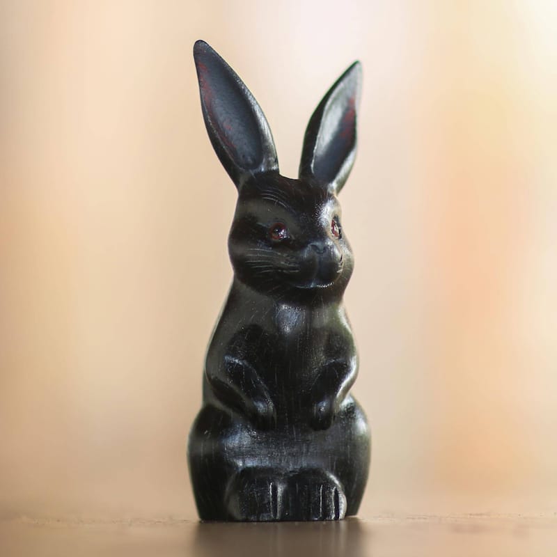 Novica Handmade Cute Bunny In Black Wood Sculpture